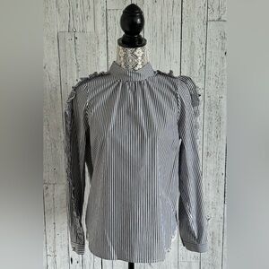 Pink Tartan Ruffle Sleeve Pin Stripe Blouse With Pearl Detail, EUC, Sz S/M